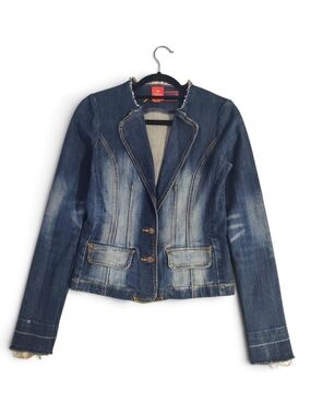Vintage Y2K Request Denim Blazer Jacket Fitted Distressed Blue Frayed Juniors M